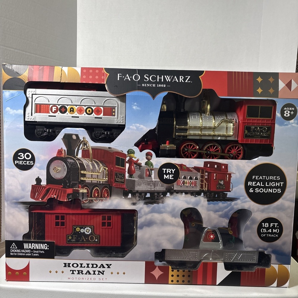 FAO Schwarz Holiday Train Motorized Train Set 30 Pieces /w Light Sound Read
